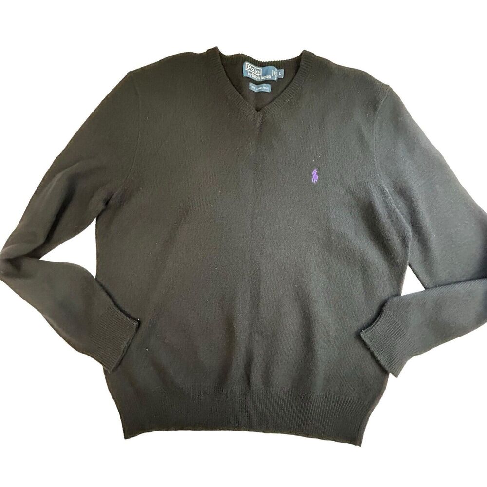 Polo by Ralph Lauren Men's Black V-Neck Sweater with Purple Pony